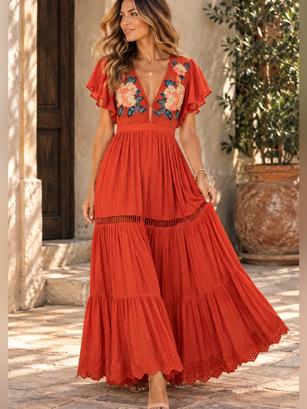 Cleobella Dress S Floral Maxi Rust Orange Boho Tiered Flutter Sheer Bodice Chic